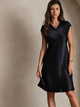 [Schwarz] SilkSilky-DE Cap Sleeve V Neck Kleider 003