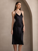 [Schwarz] SilkSilky-DE Sleeveless V Neck Kleider 004