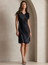 [Schwarz] SilkSilky-DE Cap Sleeve V Neck Kleider 005