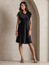 [Schwarz] SilkSilky-DE Cap Sleeve V Neck Kleider 006