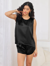 [Schwarz] SilkSilky-DE Sleeveless Round Neck Damen Pyjamas 003