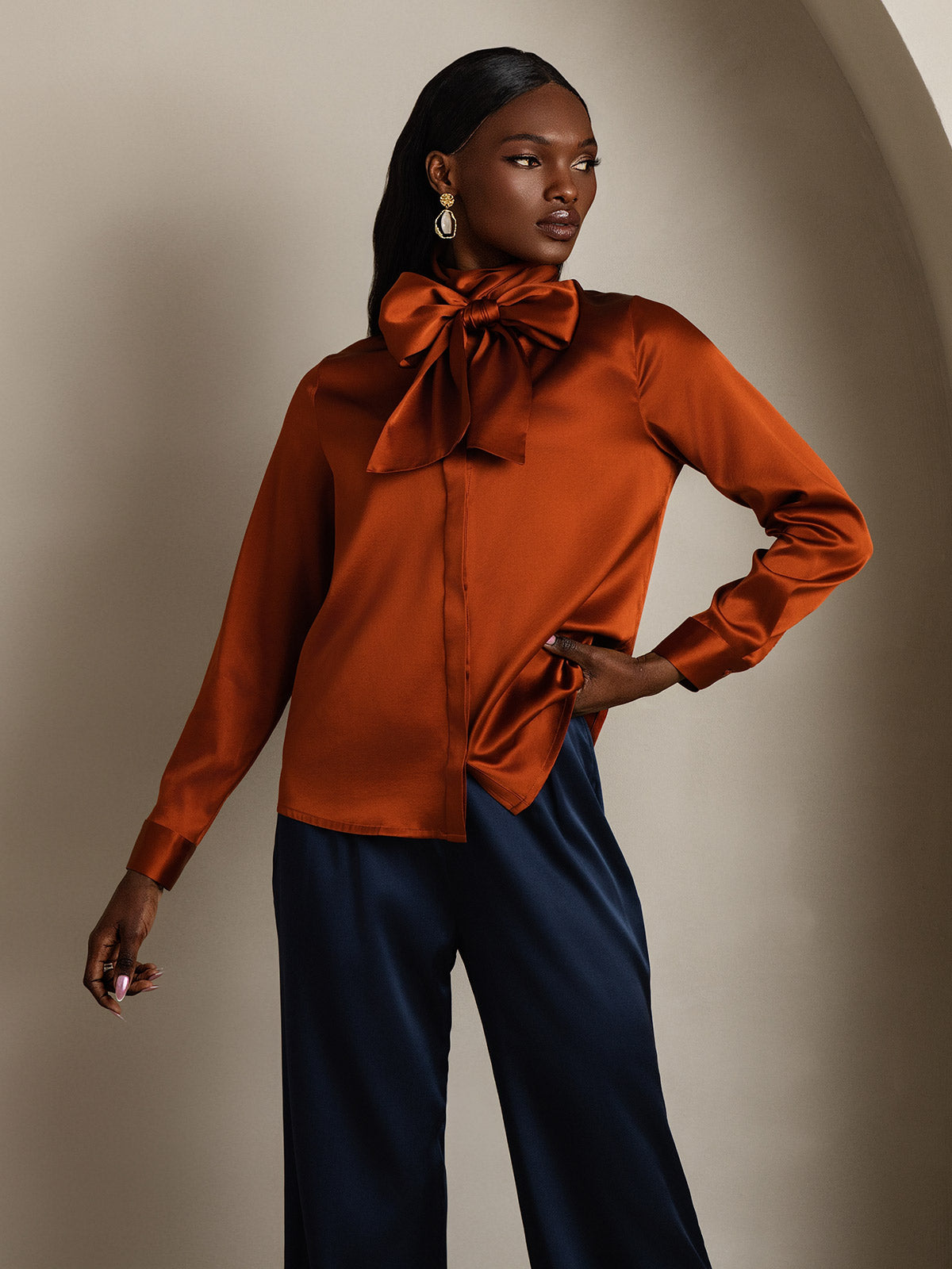 [Karamell] SilkSilky-DE 19Momme Seide Langärmelig Blouse 005