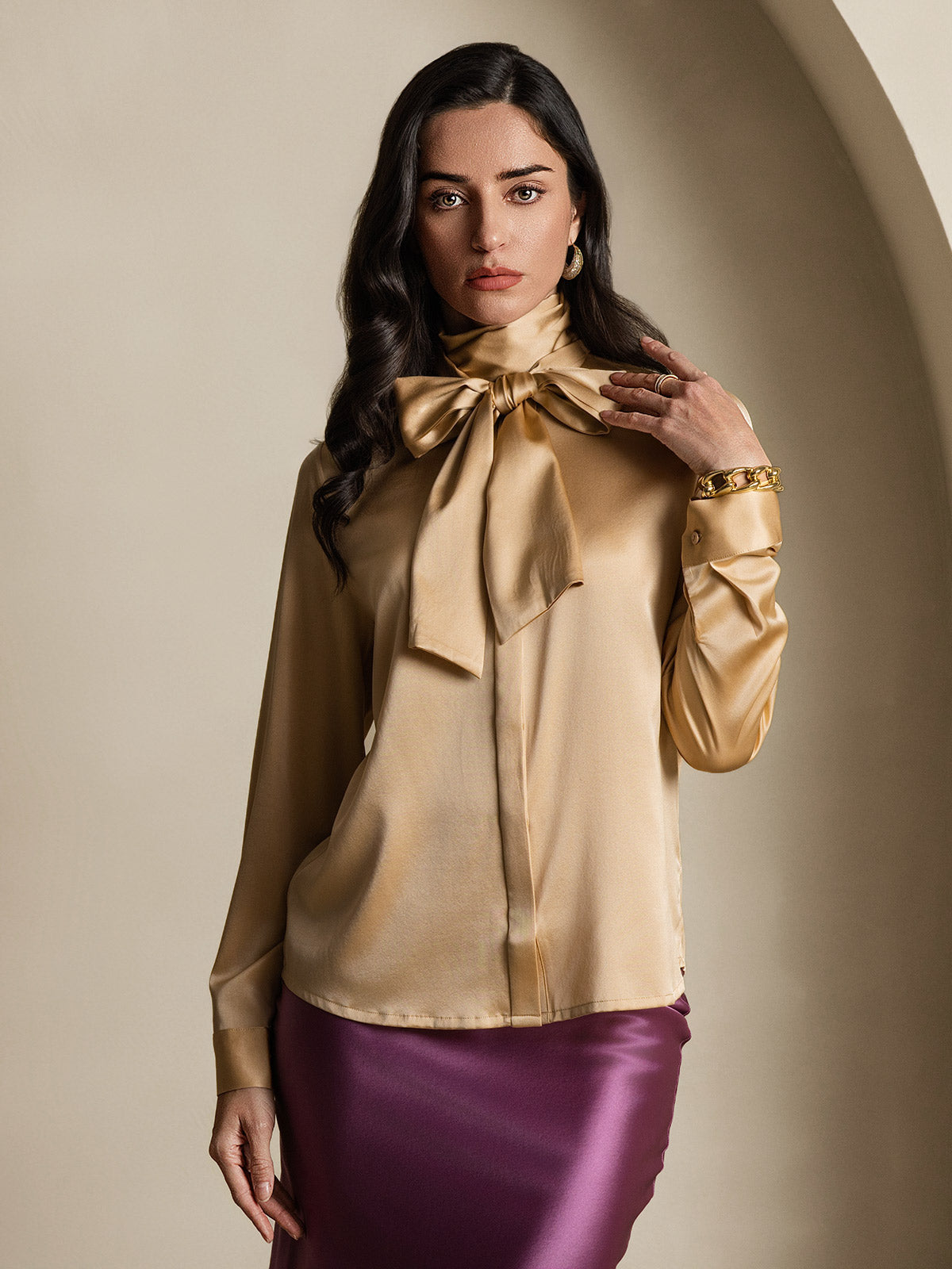 [Champagner] SilkSilky-DE 19Momme Seide Langärmelig Blouse 004