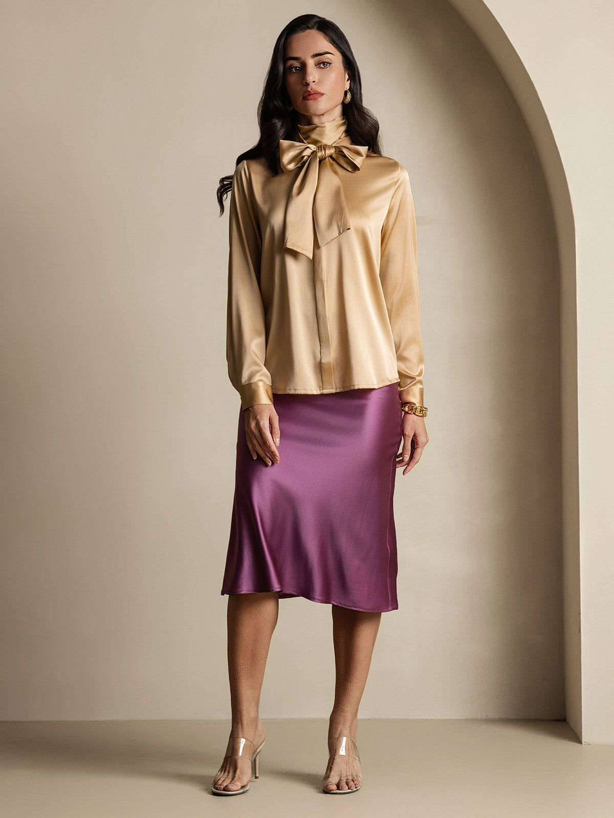 [Champagner] SilkSilky-DE 19Momme Seide Langärmelig Blouse 010