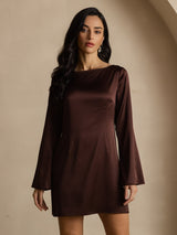[Kaffee] SilkSilky-DE Long Sleeve Boat Neck Kleider 004