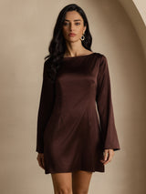[Kaffee] SilkSilky-DE Long Sleeve Boat Neck Kleider 005