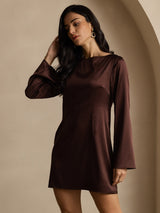 [Kaffee] SilkSilky-DE Long Sleeve Boat Neck Kleider 006