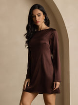 [Kaffee] SilkSilky-DE Long Sleeve Boat Neck Kleider 007