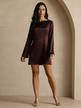 [Kaffee] SilkSilky-DE Long Sleeve Boat Neck Kleider 008