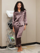 [Kaffee] SilkSilky-DE Long Sleeve Notch-Kragen Damen Pyjamas 003