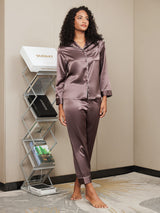 [Kaffee] SilkSilky-DE Long Sleeve Notch-Kragen Damen Pyjamas 005