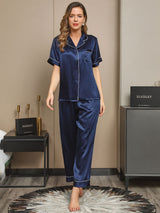 [Dunkelblau] SilkSilky-DE Short Sleeve Notch-Kragen Damen Pyjamas 001