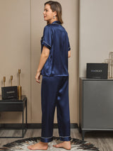 [Dunkelblau] SilkSilky-DE Short Sleeve Notch-Kragen Damen Pyjamas 002