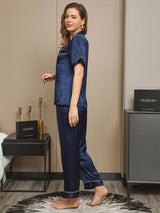 [Dunkelblau] SilkSilky-DE Short Sleeve Notch-Kragen Damen Pyjamas 005