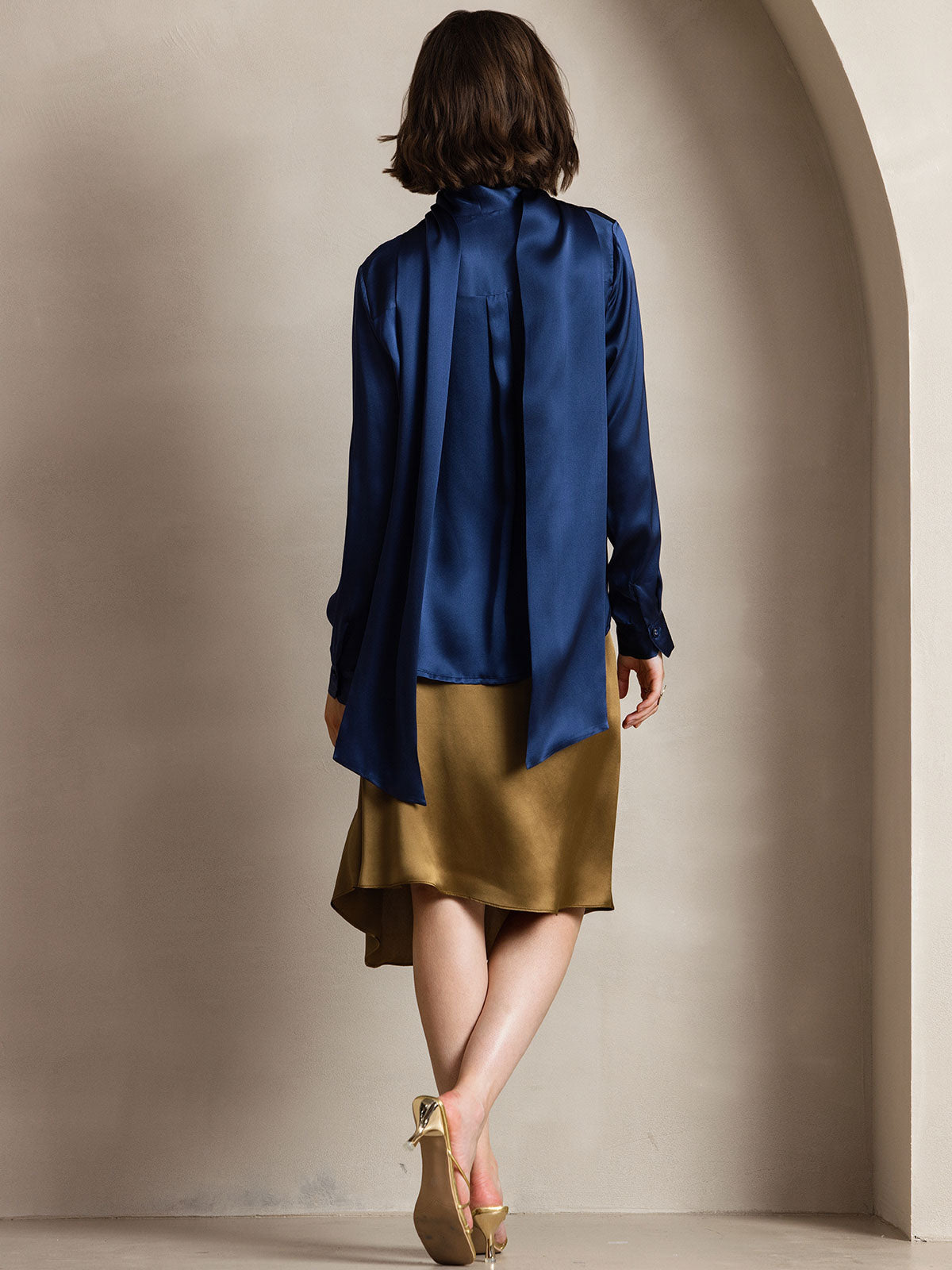 [Dunkelblau] SilkSilky-DE 19Momme Seide Langärmelig Blouse 002