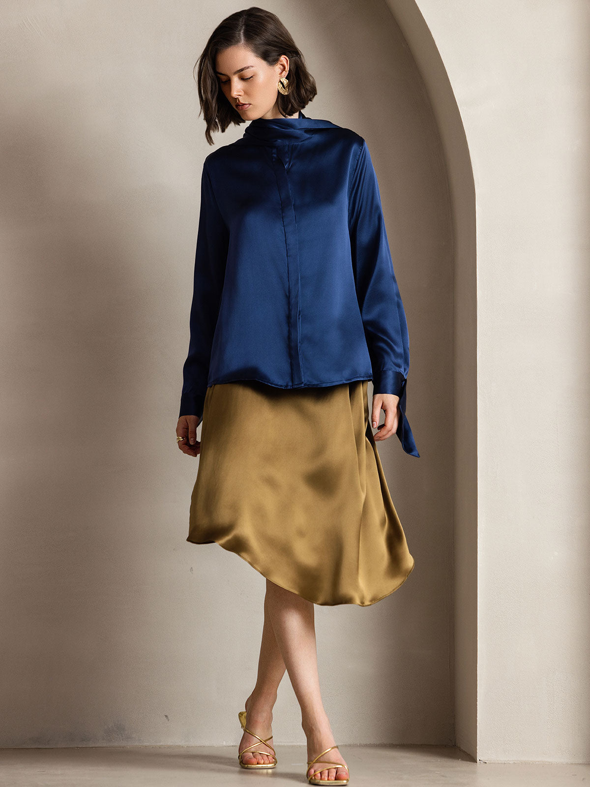 [Dunkelblau] SilkSilky-DE 19Momme Seide Langärmelig Blouse 003