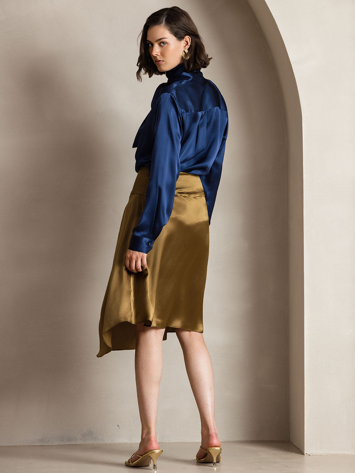 [Dunkelblau] SilkSilky-DE 19Momme Seide Langärmelig Blouse 004