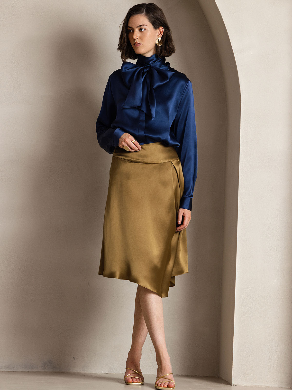 [Dunkelblau] SilkSilky-DE 19Momme Seide Langärmelig Blouse 005