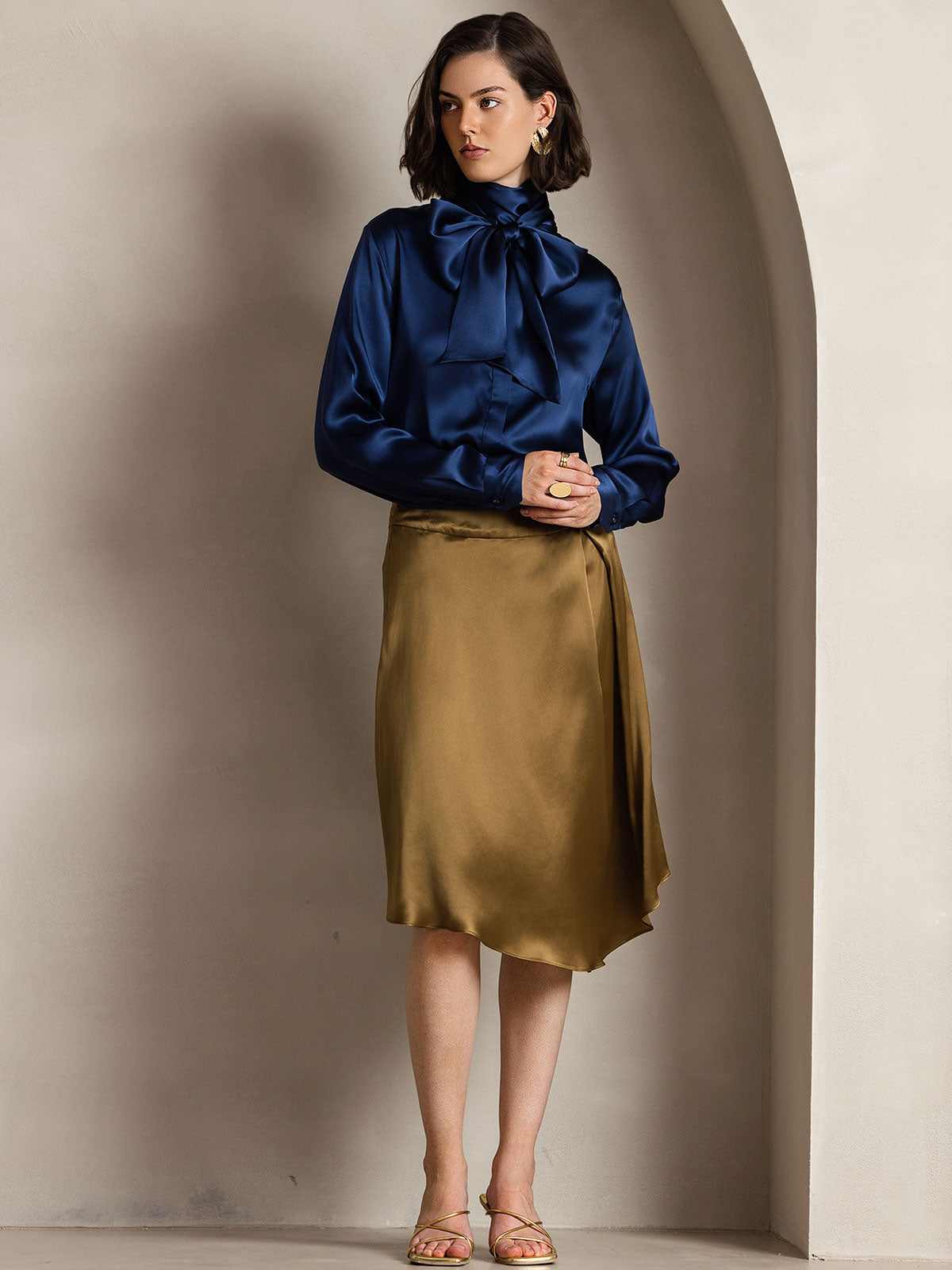 [Dunkelblau] SilkSilky-DE 19Momme Seide Langärmelig Blouse 006