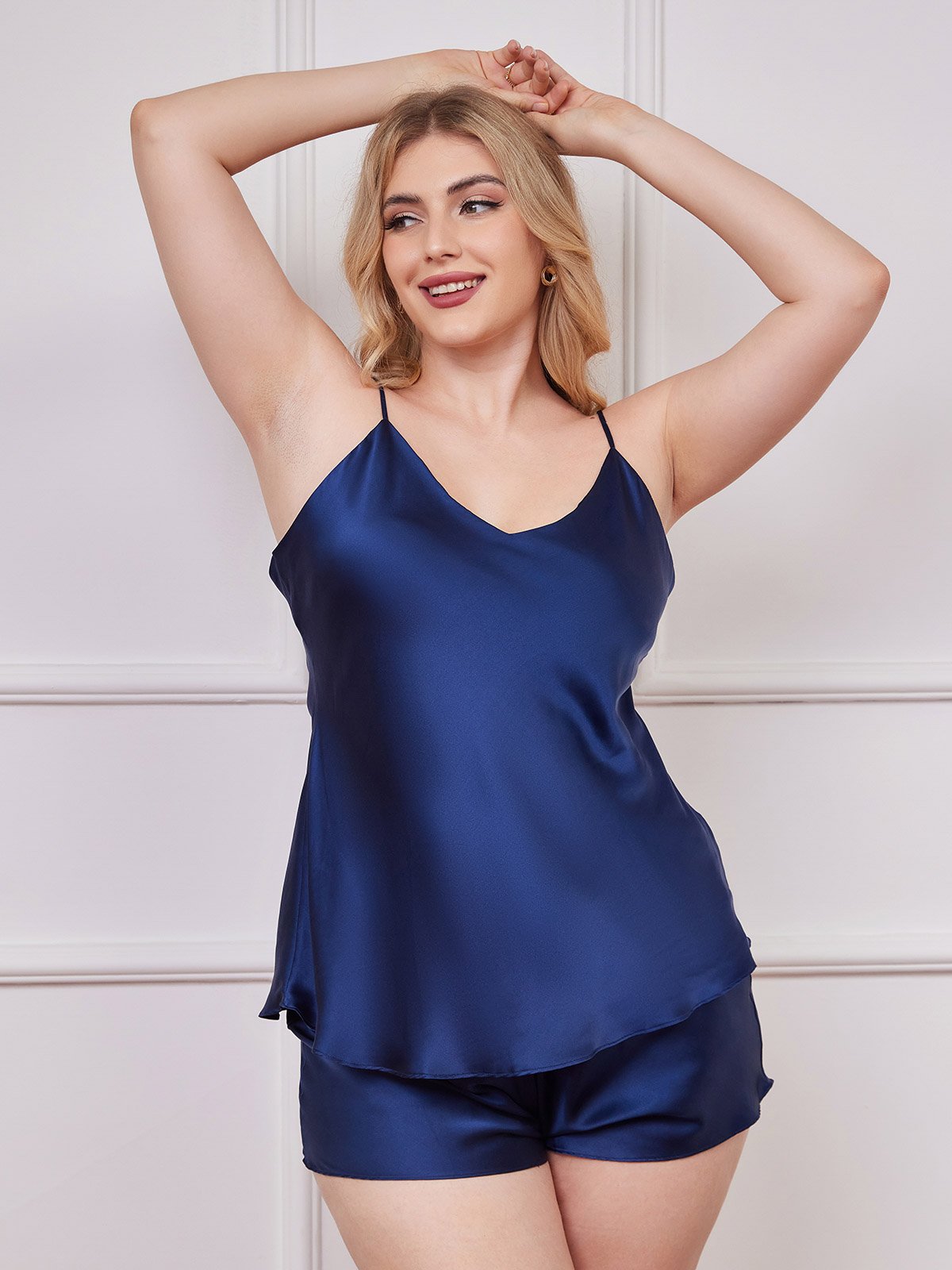 [Dunkelblau] SilkSilky-DE Spaghettiträger V Ausschnitt Camisole-Set Große Größen 001