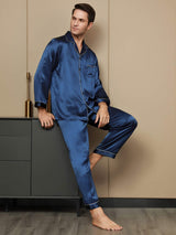 [Dunkelblau] SilkSilky-DE Long Sleeve Notch-Kragen Herren Pyjamas 001