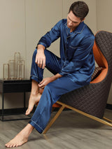 [Dunkelblau] SilkSilky-DE Long Sleeve Notch-Kragen Herren Pyjamas 007
