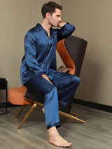 [Dunkelblau] SilkSilky-DE Long Sleeve Notch-Kragen Herren Pyjamas 008