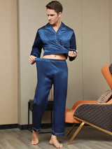 [Dunkelblau] SilkSilky-DE Long Sleeve Notch-Kragen Herren Pyjamas 009