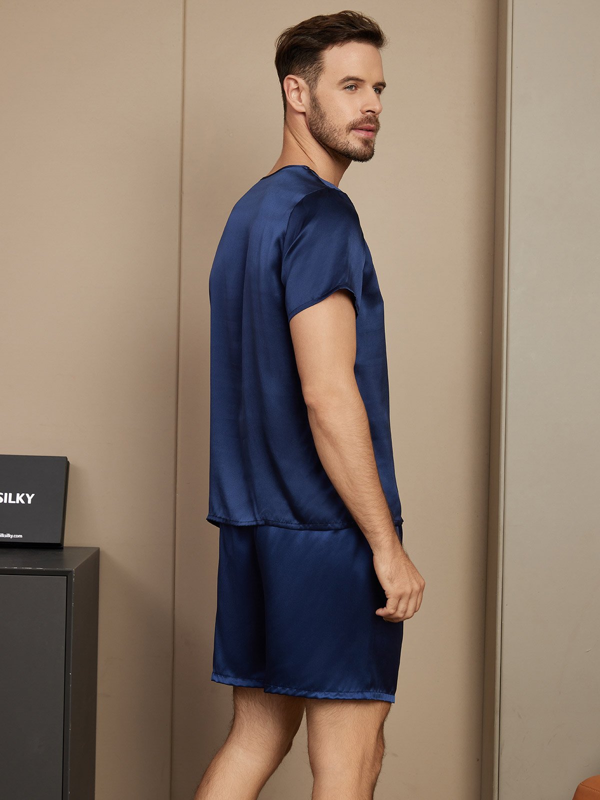 [Dunkelblau] SilkSilky-DE Short Sleeve Round Neck Herren Pyjamas 002