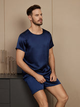 [Dunkelblau] SilkSilky-DE Short Sleeve Round Neck Herren Pyjamas 004