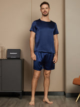 [Dunkelblau] SilkSilky-DE Short Sleeve Round Neck Herren Pyjamas 005