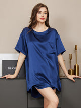 [Dunkelblau] SilkSilky-DE Kurzärmelig Rundhalsausschnitt Damen Pyjamas 001