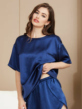 [Dunkelblau] SilkSilky-DE Kurzärmelig Rundhalsausschnitt Damen Pyjamas 003