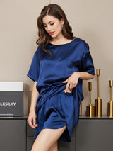 [Dunkelblau] SilkSilky-DE Kurzärmelig Rundhalsausschnitt Damen Pyjamas 005