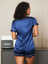 [Dunkelblau] SilkSilky-DE Reine Seide Kurzärmelig V Ausschnitt Damen Pyjamas 002