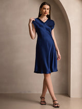 [Dunkelblau] SilkSilky-DE Cap Sleeve V Neck Kleider 003