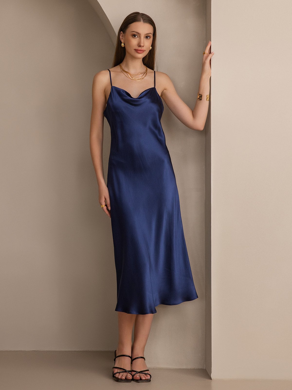 [Dunkelblau] SilkSilky-DE Sleeveless Cowl Neck Kleider 001