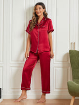 [Dunkelrot] SilkSilky-DE Short Sleeve Notch-Kragen Damen Pyjamas 002