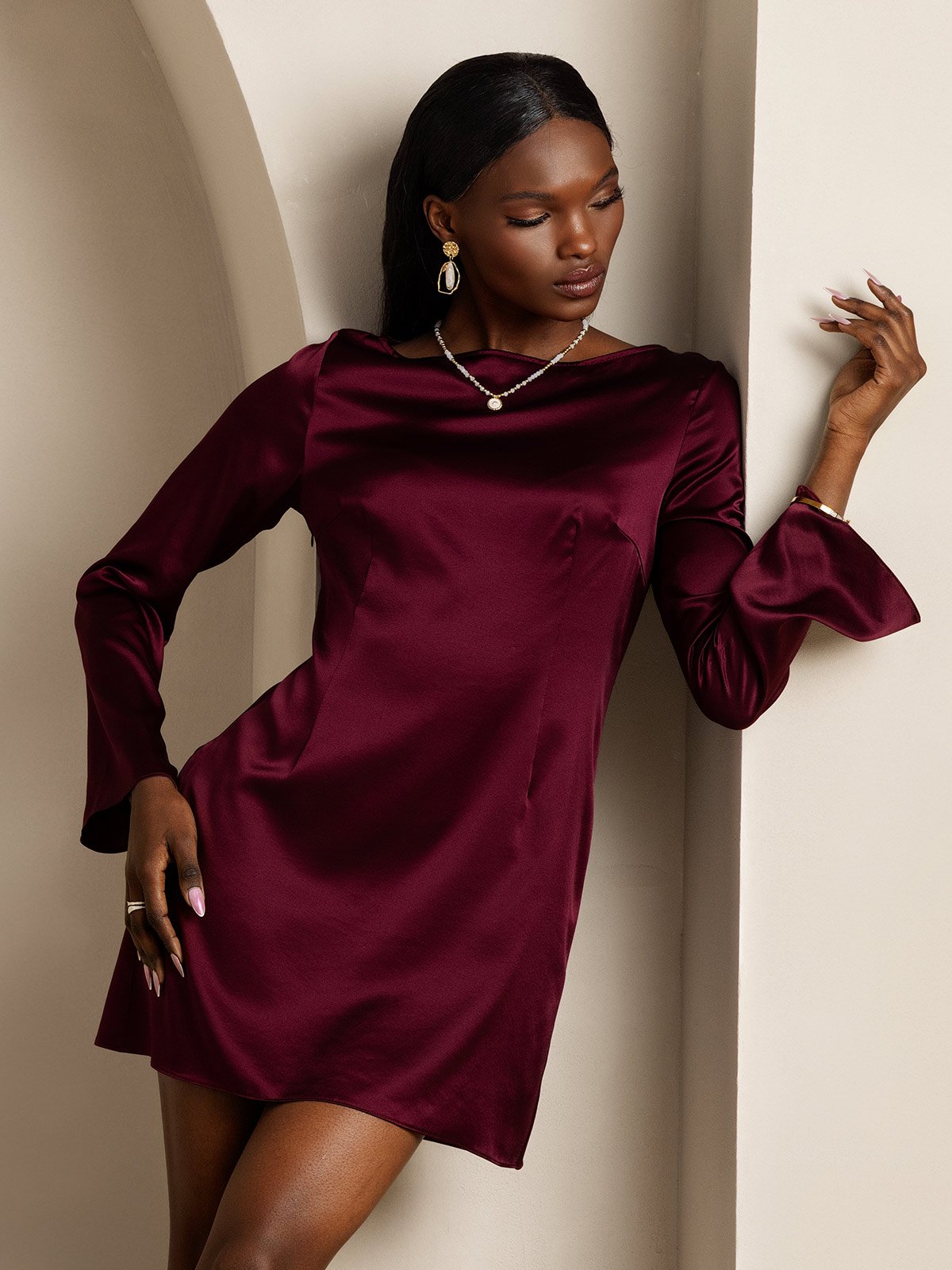 [Dunkelrot] SilkSilky-DE Long Sleeve Boat Neck Kleider 001