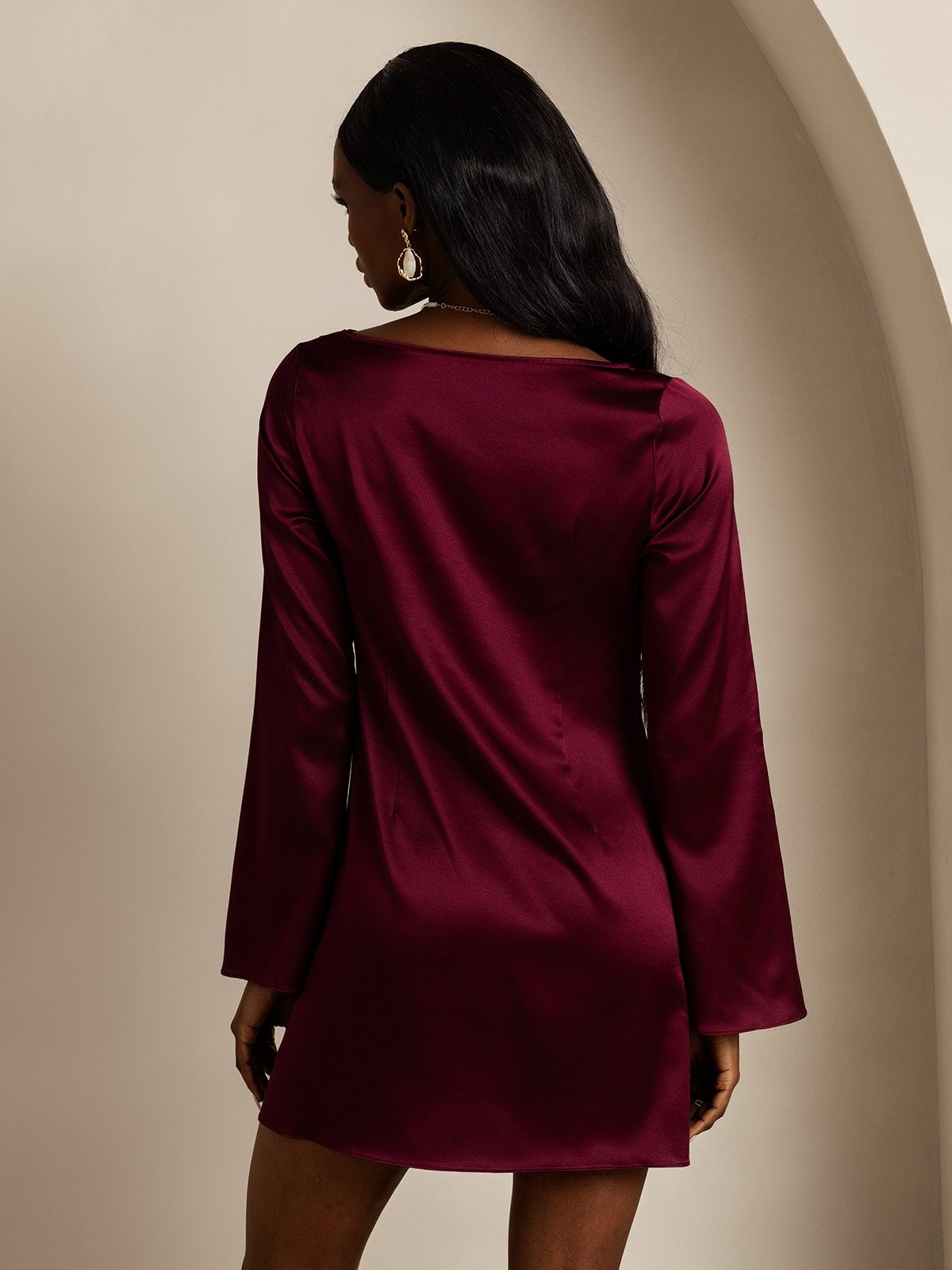 [Dunkelrot] SilkSilky-DE 19Momme Langärmelig Kleider 002