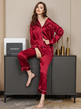 [Dunkelrot] SilkSilky-DE Long Sleeve Notch-Kragen Damen Pyjamas 002