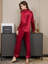 [Dunkelrot] SilkSilky-DE Long Sleeve Notch-Kragen Damen Pyjamas 003
