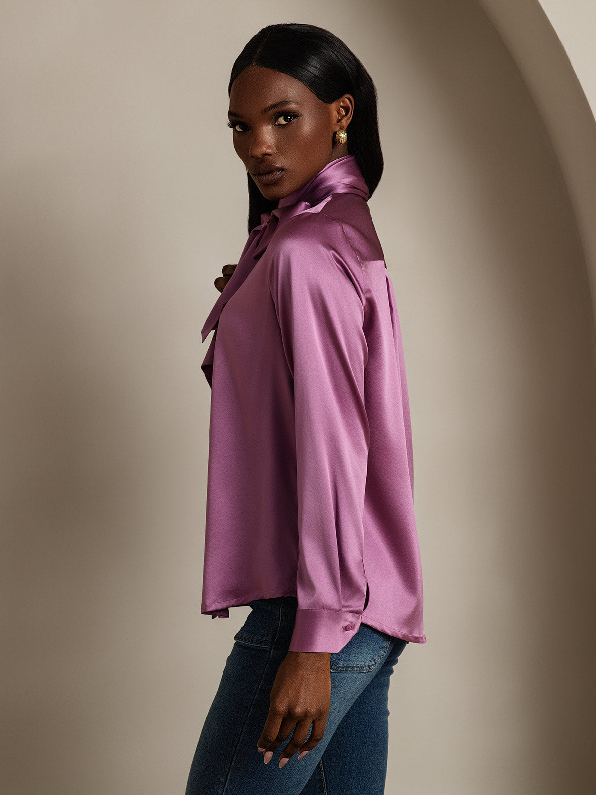 [Dunkelviolett] SilkSilky-DE 19Momme Seide Langärmelig Blouse 004