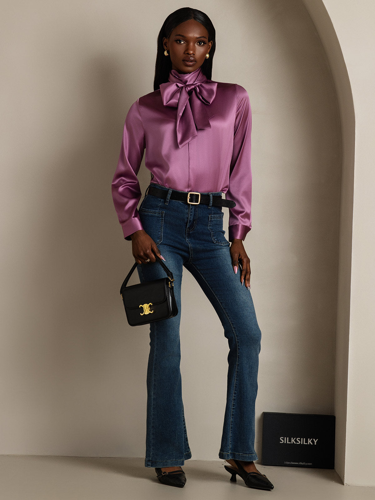 [Dunkelviolett] SilkSilky-DE 19Momme Seide Langärmelig Blouse 007