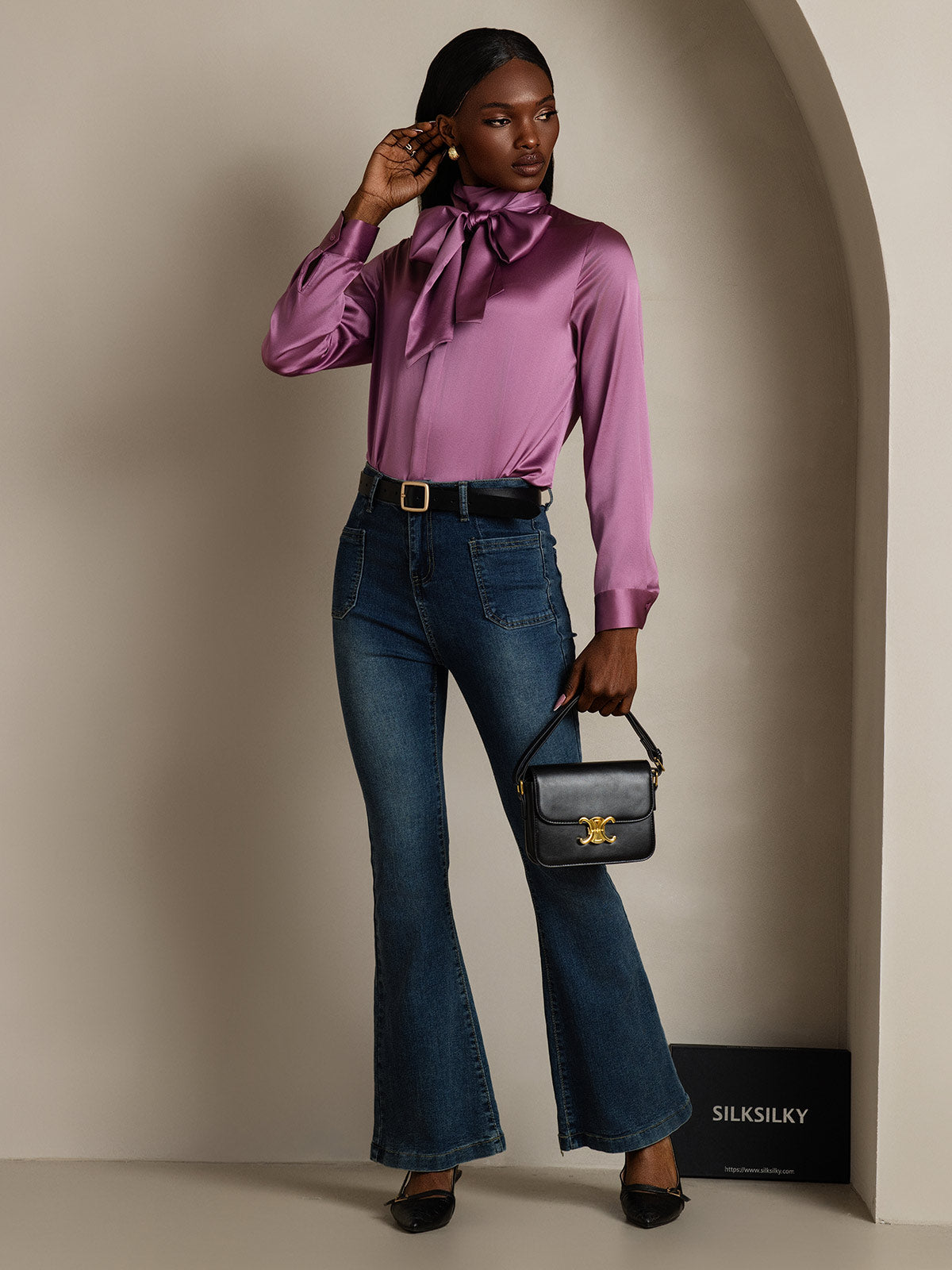 [Dunkelviolett] SilkSilky-DE 19Momme Seide Langärmelig Blouse 008