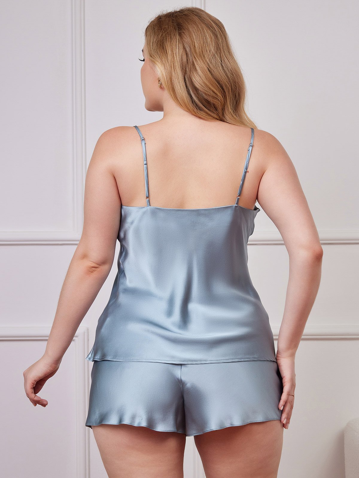 [Graublau] SilkSilky-DE Spaghettiträger V Ausschnitt Camisole-Set Große Größen 002