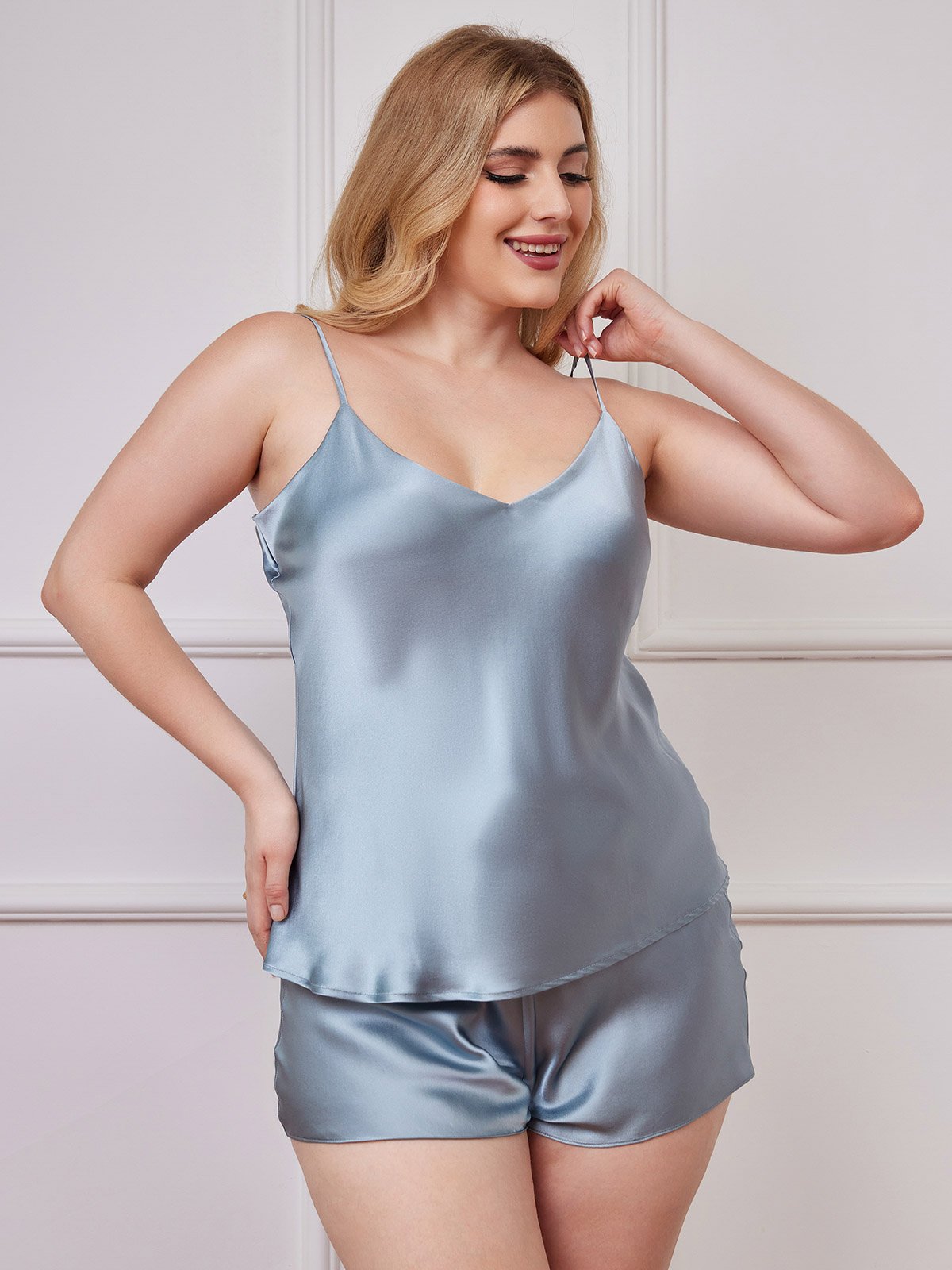 [Graublau] SilkSilky-DE Spaghettiträger V Ausschnitt Camisole-Set Große Größen 005