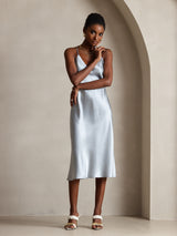[Graublau] SilkSilky-DE Sleeveless V Neck Kleider 006