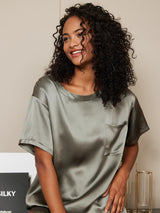[Graugrün] SilkSilky-DE Kurzärmelig Rundhalsausschnitt Damen Pyjamas 003