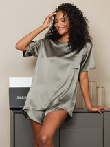 [Graugrün] SilkSilky-DE Kurzärmelig Rundhalsausschnitt Damen Pyjamas 004